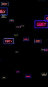 Neon OBEY Signs Repeating Over Dark Background Conceptual Dystopian Control Message vertical video
