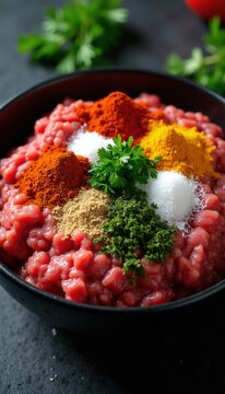 Raw ground beef in black bowl topped with spices like paprika turmeric cumin and salt. Fresh green parsley and dill add color. Ready for cooking delicious meal.
