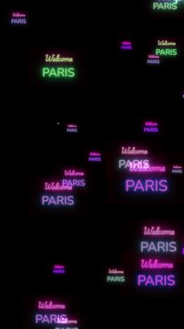 Neon Welcome Paris Signs Collage Glowing Nighttime Travel Greeting Background vertical video