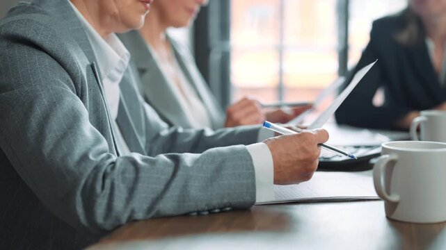 Strategic thinking, business development in modern corporate, hands of workers. Inside boardroom during business conference, elderly female heads of departments and managers discussing financial asks
