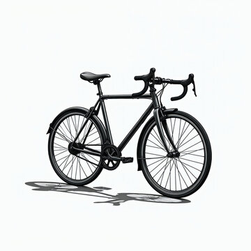Black fixed gear bicycle isolated on white background. Single speed bike with drop handlebars and fenders. Ready for urban transport. Eco friendly travel.