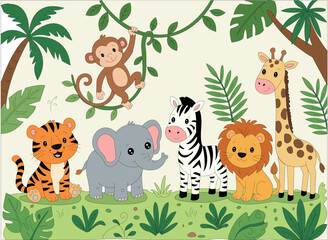 Naklejka premium Cute Jungle Animals Cartoon Vector Illustration 