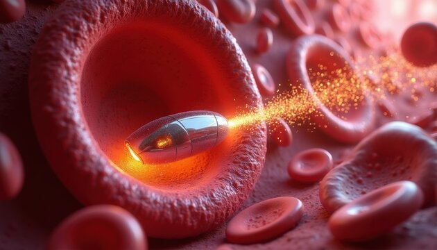 Futuristic nanobot travels inside blood vessel releasing therapeutic particles among red cells. Microscopic machine moves through human circulatory system, delivering medicine with advanced tech.