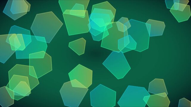 Abstract green geometric bokeh background, with floating translucent, pentagons
