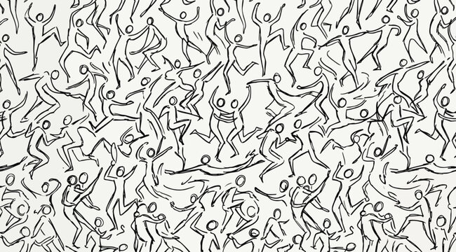 Seamless pattern of sketchy dancing people figures