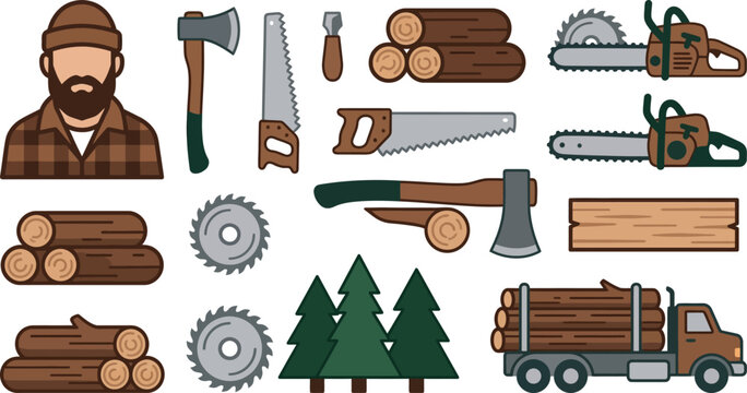 Lumberjack and forestry tools icon set featuring chainsaws axes saws logs and a logging truck for wood industry design