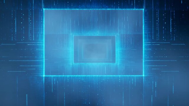 Glowing cyan rectangular tunnel of nested neon rectangles with pulsing rim light, dense streaked planes, deep symmetry, luminous depth, and radiant futuristic glow