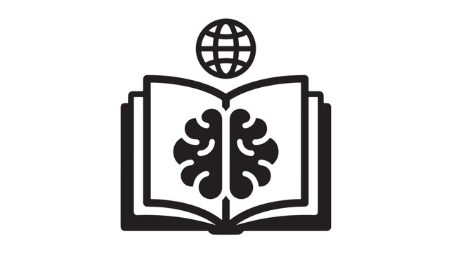 Brain open book with globe on top in minimalist line art for education