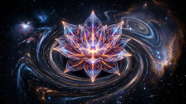 Luminous sacred lotus blooming within a vast cosmic river network, intricate energy flowing through the dark matter expanse of the universe