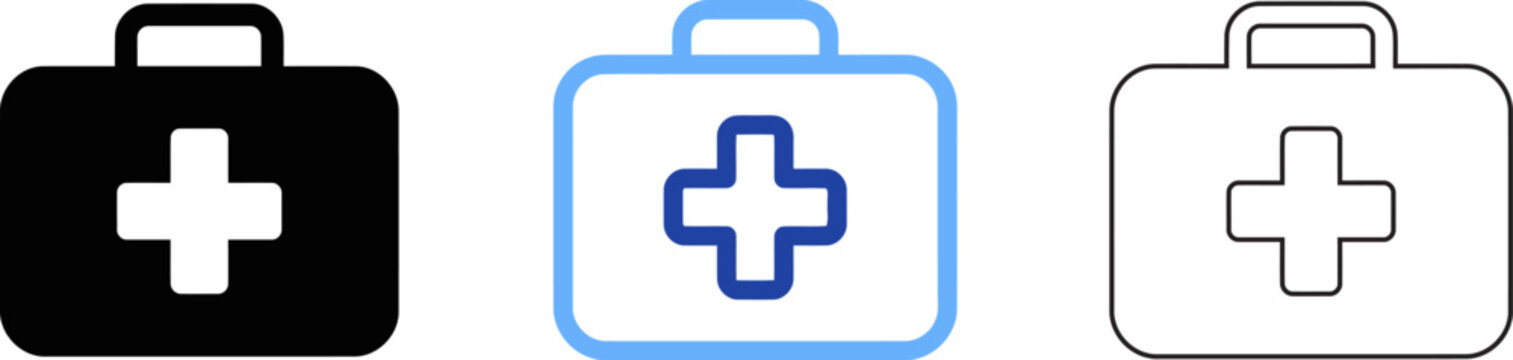 Three medical kit icons with different colors and styles