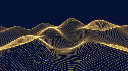 Abstract golden wave lines on dark background, 3d mountain terrain pattern, digital landscape © Saharia