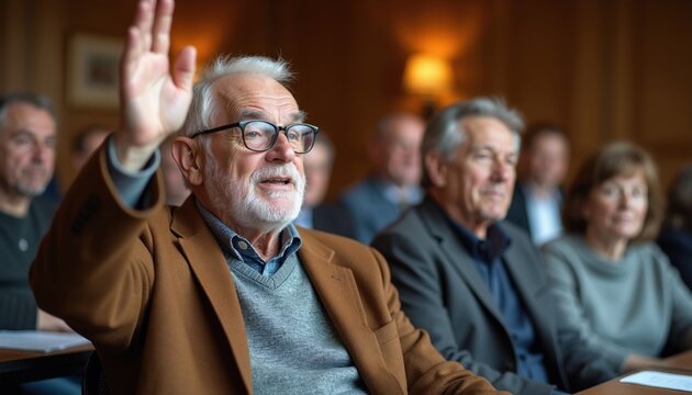 Elderly man raises hand in meeting. People listen attentively. Civic participation and community dialogue occur in a public forum. Active citizen shares opinion.