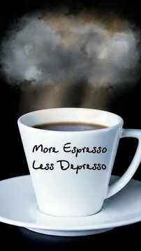 More Espresso Less Depresso Coffee Cup With Steam Cloud Sun Rays And Inspirational Greeting vertical video