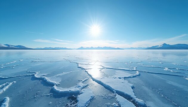 Vast frozen lake under bright sun and clear blue sky. Cracked ice surface stretches to distant snow-capped mountains. Winter arctic landscape offers serene beauty and isolation.