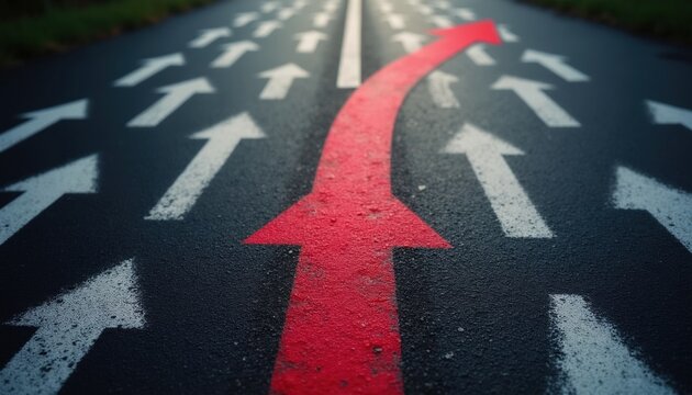 Red arrow deviates from white arrows on asphalt road. This signifies a new path or a unique approach. Represents individuality, change and progress. Follow your own way.