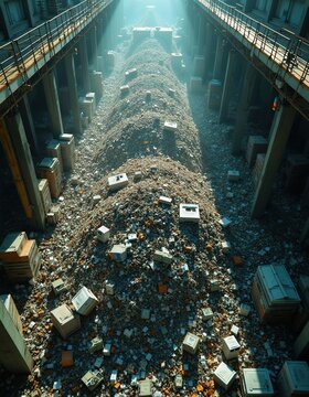 Large electronic waste pile in industrial facility. Discarded computers and devices create massive landfill. Recycling process sorts tech junk for reuse.