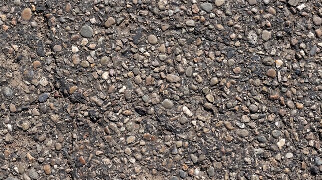 Asphalt road surface displays a rough texture composed of small crushed stones and dark gray gravel.