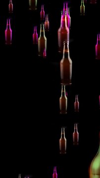 Neon Beer Bottles Floating On Black Background For Party Nightlife And Celebration Visual vertical video