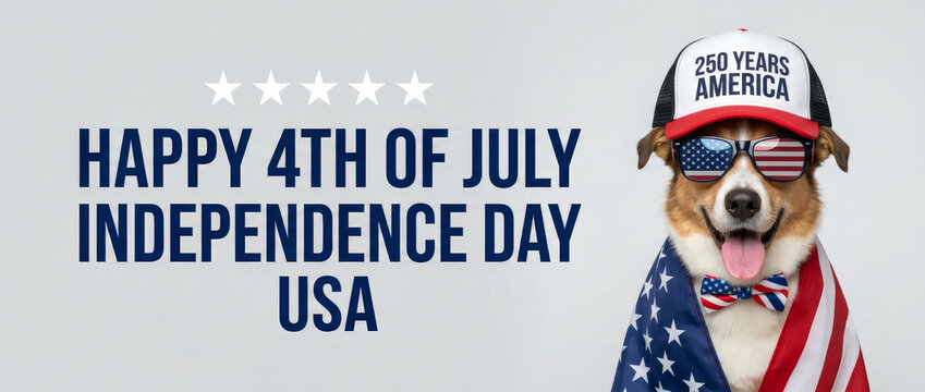 Patriotic dog wearing American flag sunglasses and 250 Years America cap for Fourth of July Independence Day celebration banner