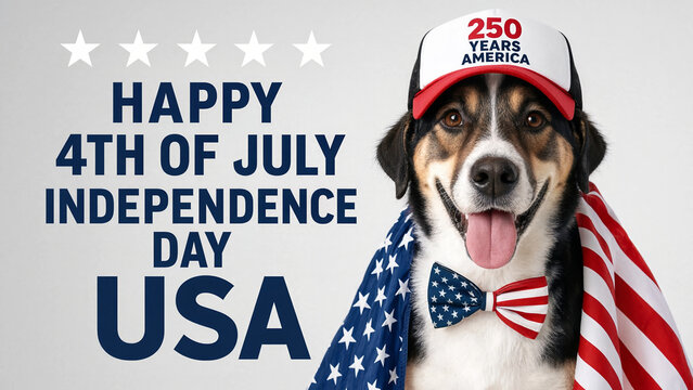 Happy fourth of July celebration with dog dressed in American flag colors, patriotic holiday with pet in USA, independence day party concept, festive animal with flag-themed hat and bow tie
