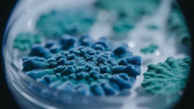 Microscopic time-lapse of turquoise mold fungus colony growing on agar inside petri dish