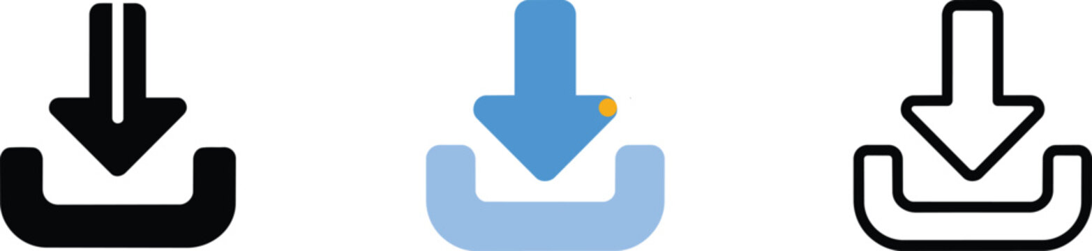 Download icons featuring flat, and outlined arrow symbols for web user interface navigation and digital file transfer buttons in outline and solid