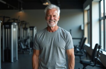 Fototapeta premium Smiling senior man with grey hair stands in gym. He wears a grey t-shirt, showing his fit physique and muscles. The background shows workout equipment and large windows.