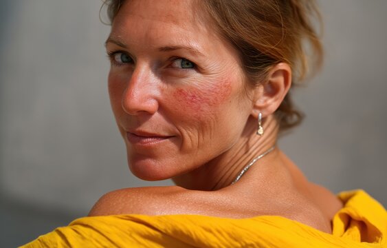 A woman with light brown hair and visible sunburn on her face looks back towards the camera, highlighting skin damage from UV exposure