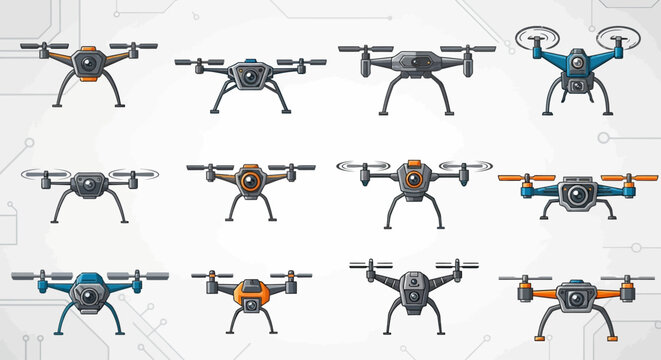 Collection of cute robot dogs, birds, cats, and fish in flat design.