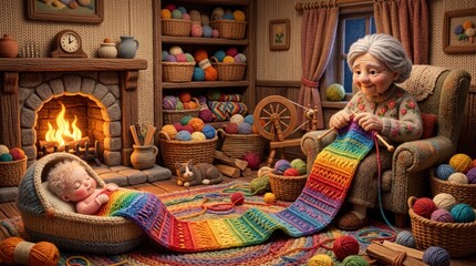Naklejka premium Senior woman knits vibrant rainbow blanket for baby resting in basket by warm hearth in cozy, rustic home interior.