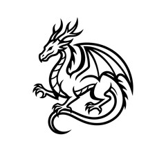 Fototapeta premium Bold Black and White Fantasy Dragon Vector Icon, Medieval Mythical Creature Mascot Logo Silhouette with Thick Outline Isolated on White Background
