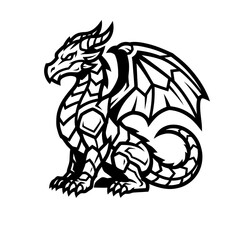 Obraz premium Bold Black and White Fantasy Dragon Vector Icon, Medieval Mythical Creature Mascot Logo Silhouette with Thick Outline Isolated on White Background