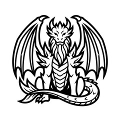 Fototapeta premium Bold Black and White Fantasy Dragon Vector Icon, Medieval Mythical Creature Mascot Logo Silhouette with Thick Outline Isolated on White Background