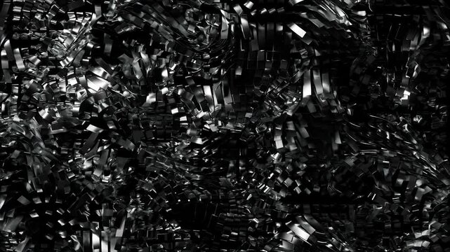Abstract flowing black metallic ribbons on dark background. 3D render