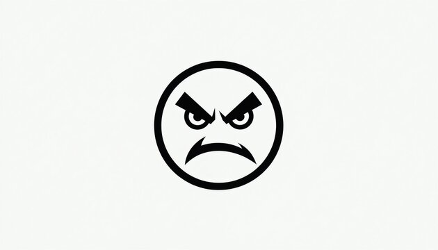 Stylized black angry face icon, simple round design with sharp angry eyes and downturned mouth. Isolated on white background. Represents strong negative emotion, displeasure, or rage.