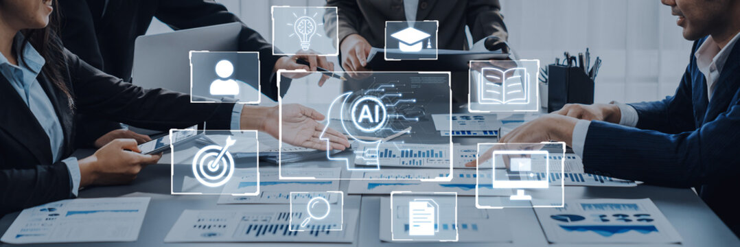 Concept of AI artificial intelligence supporting AI education solution, search, reskill, analytics and AI task management in a connected future AI wisdom digital workflow. Corpus