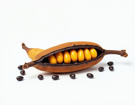 Velvet bean pod split open shows bright yellow seeds inside. Dark brown seeds lie scattered around the pod. Used for health and traditional therapy.