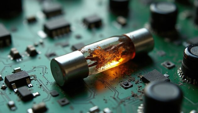 Macro shot shows blown glass fuse on green circuit board. Tiny metal fragments and dust surround burned out electronic component. Overload or short circuit damaged this computer hardware.