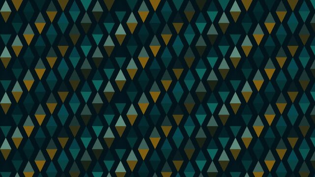 Geometric diamond pattern motion background, in teal and, gold, seamless abstract, loop for modern projects