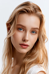 Fototapeta premium natural beauty portrait of elegant blonde woman, closeup portrait of beautiful blonde female with blue eyes, sophisticated young blonde woman with minimal makeup