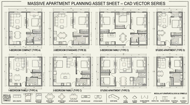 Massive apartment planning asset sheet cad vector series for architectural design and floor plan layouts