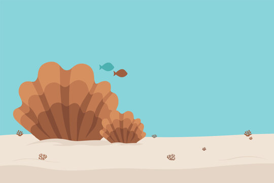 Flat vector illustration of a pair of giant brown clams resting beautifully on a clean sandy ocean floor, marine concept