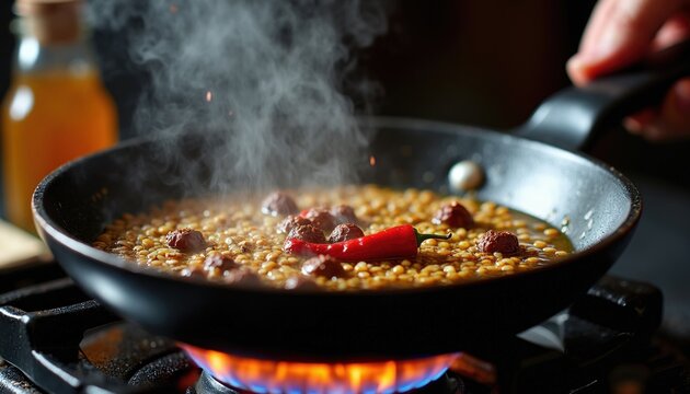 Red chili pepper and round meatballs cook in sizzling lentil stew with oil in pan. Steam rises from hot pan on gas stove. Tasty food preparation in kitchen.