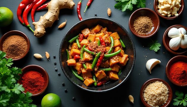 Bowl of stir fry with chicken, vegetables surrounded by fresh ingredients like ginger, chili, garlic, lime, spices. This appetizing asian meal is arranged on dark surface for culinary presentation.