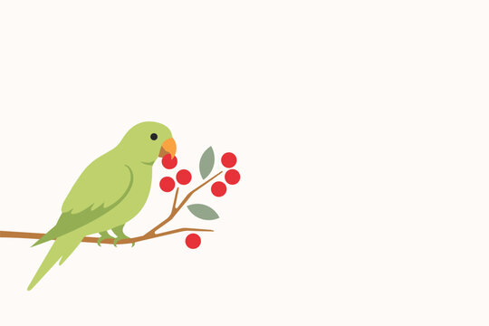 Flat vector illustration of a cute bright green parrot eating fresh red berries on a wooden tree branch, nature concept