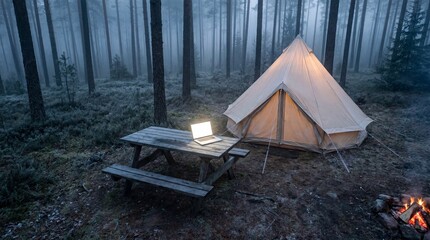 Fototapeta premium Laptop glows on a wooden table beside a canvas tent in the middle of a misty forest at deep twilight.