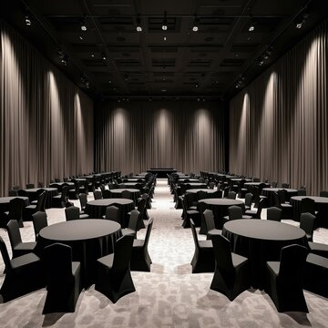 Empty banquet hall with many round tables and chairs set up for a formal event. The room has dark curtains and modern lighting, ready for guests.