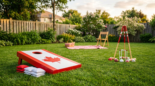 Canada Day Backyard Games with Cornhole and Croquet | Canadian Themed Lawn Games in Summer Garden
Concept: backyard holiday recreation, family summer leisure, patriotic outdoor game setup