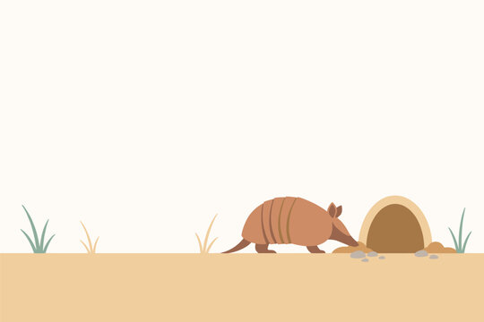 Flat vector illustration of a cute wild armadillo sniffing the dry ground outside its dark soil burrow hole, animal concept