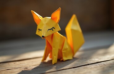 Obraz premium Yellow origami fox sits on wooden surface. Paper animal has cute closed eyes, pointed ears, bushy tail. Craft object is lit by sunlight, creating soft shadows.